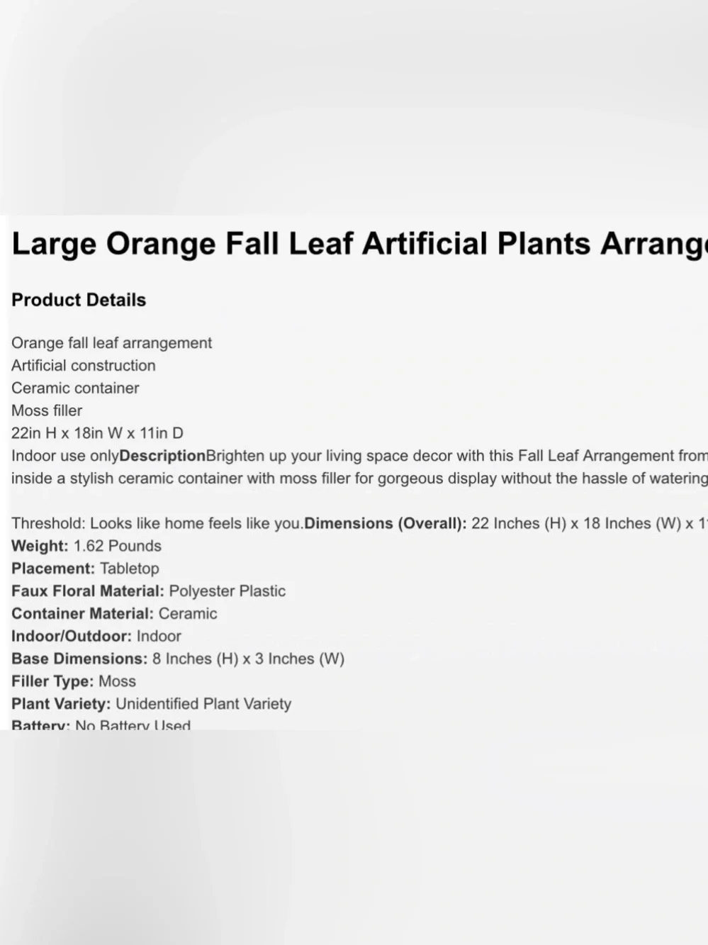 THRESHOLD NWT Large Orange Fall Leaf Artificial Plants Arrangement
